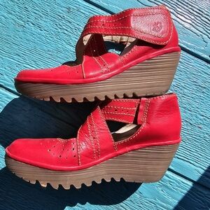Fly London Women's Rubi Wedge Leather Strappy Shoes, Red, 40/9-9.5